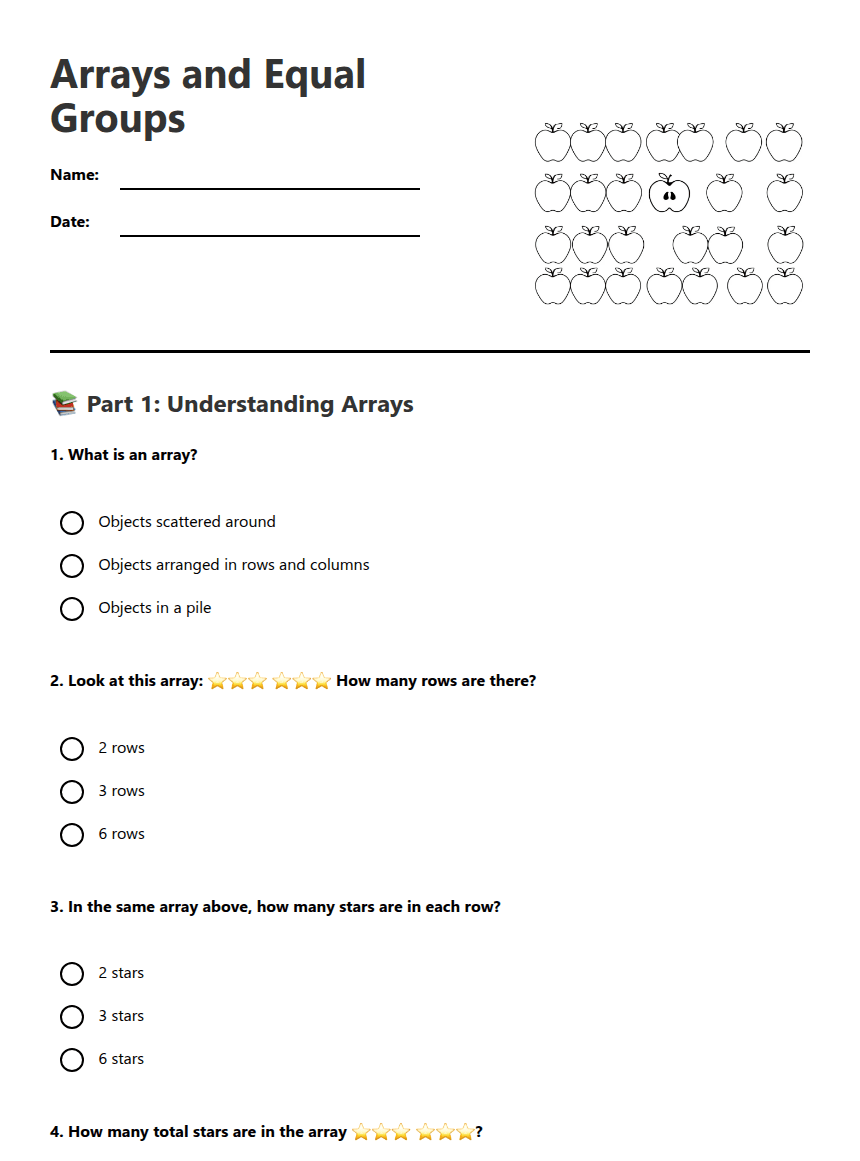 Arrays and Equal Groups worksheet preview