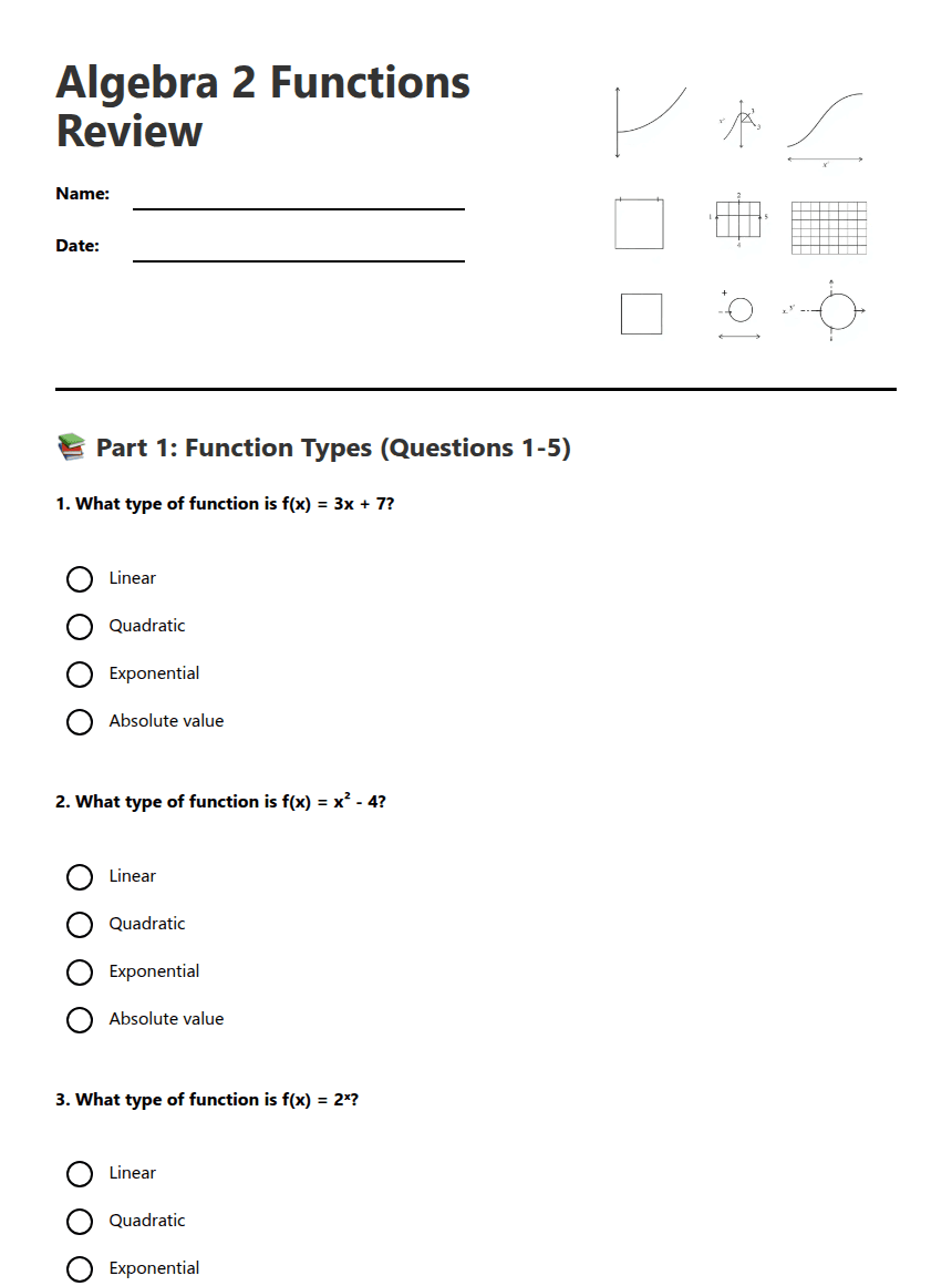 Algebra 2 Functions Review worksheet preview