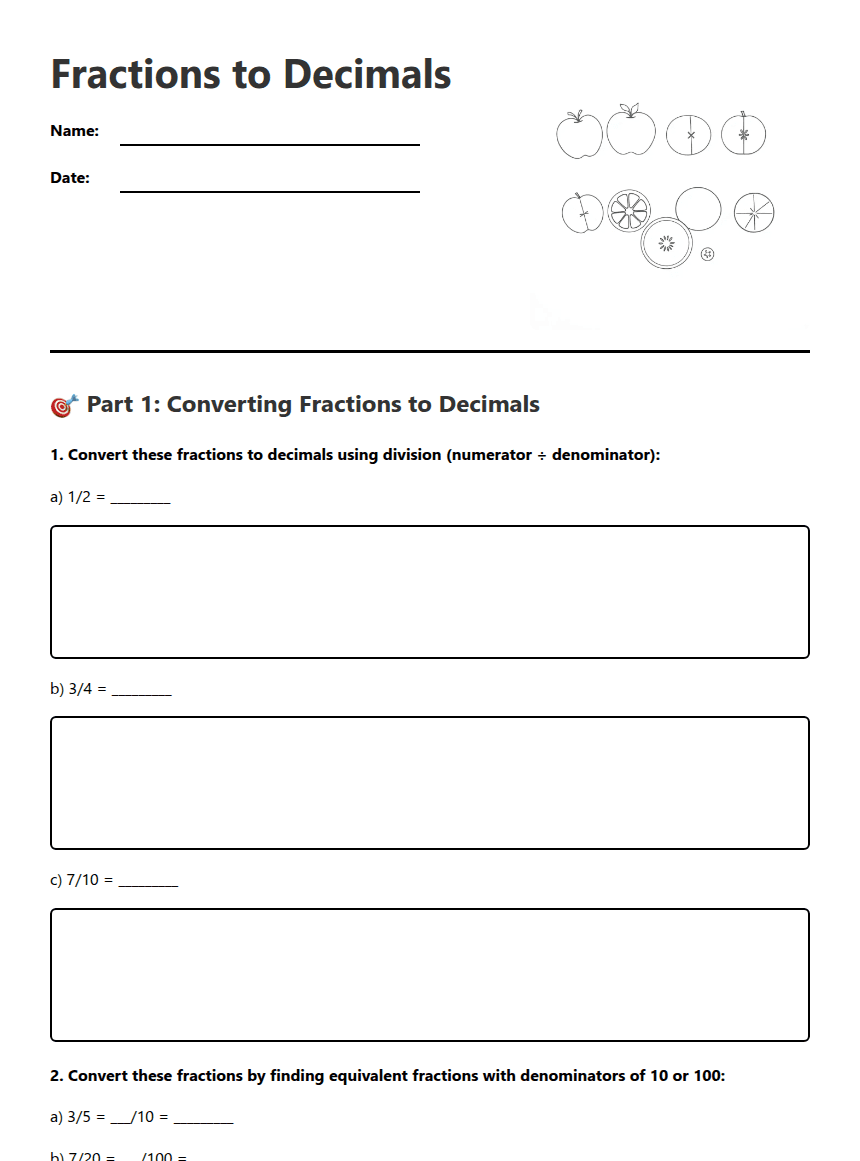 Fractions to Decimals worksheet preview