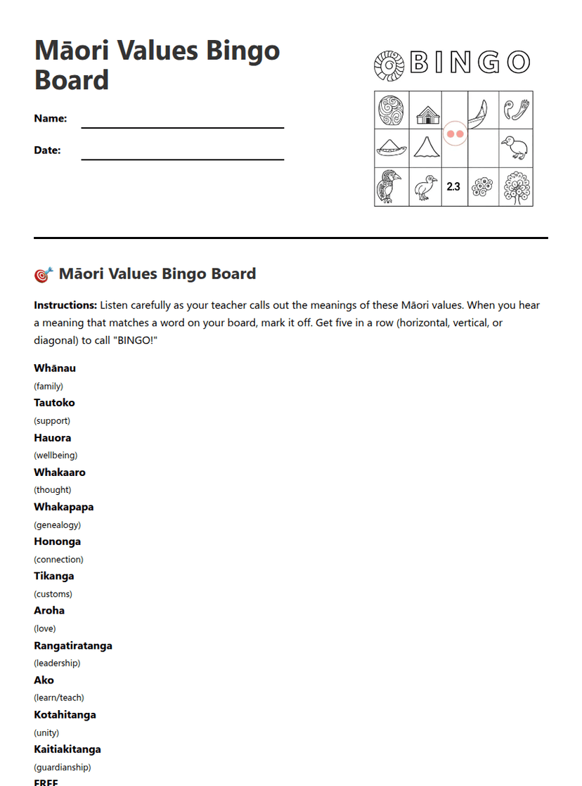 Māori Values Bingo Board