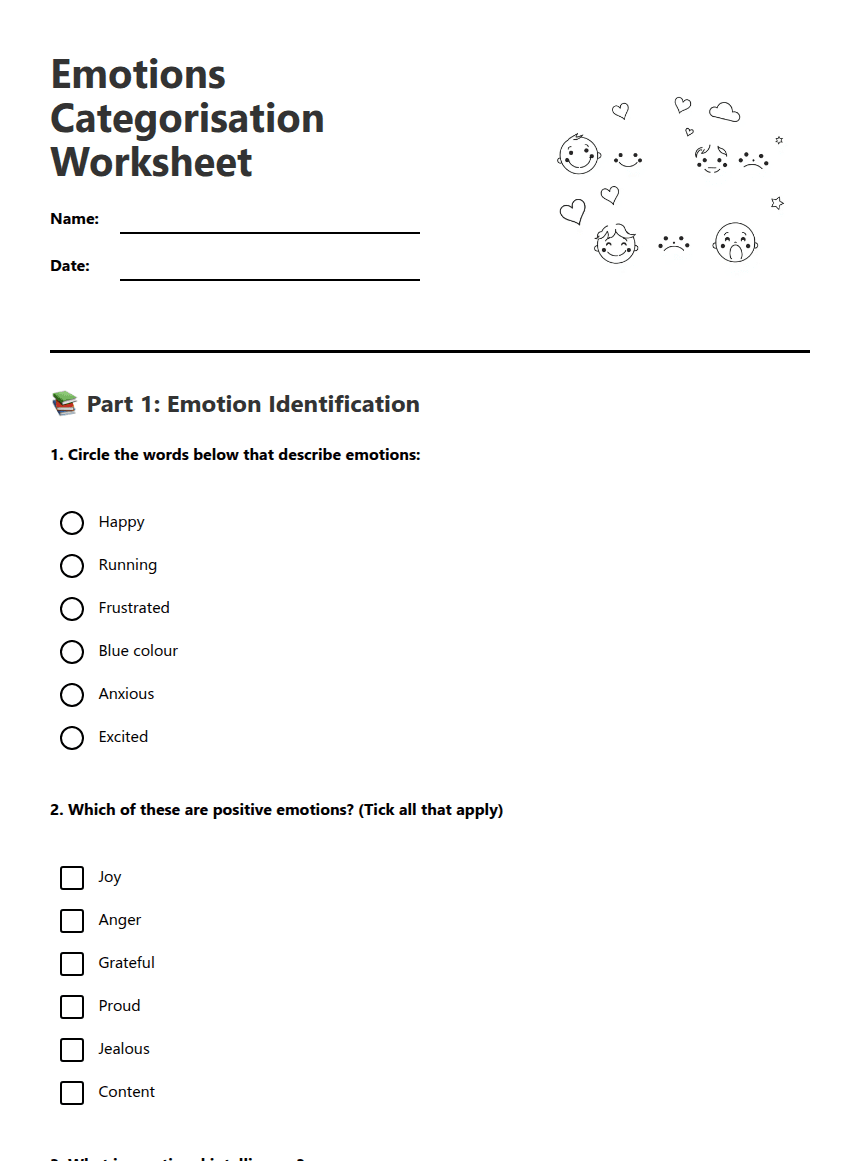 Emotions Categorisation Worksheet worksheet preview