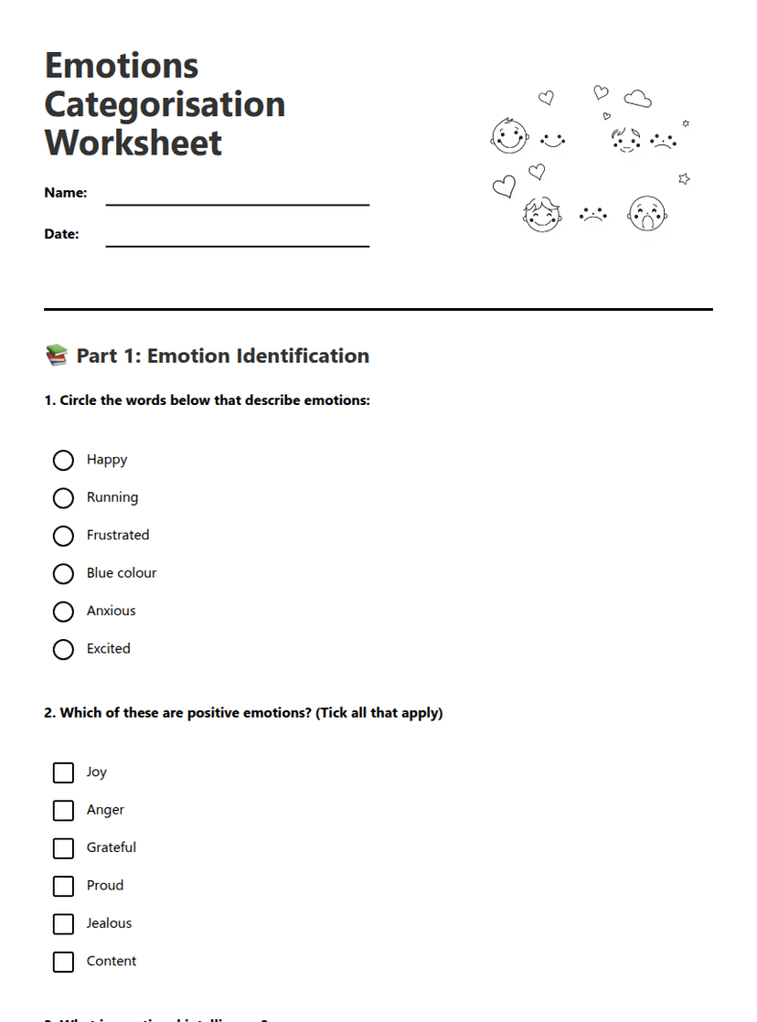 Emotions Categorisation Worksheet