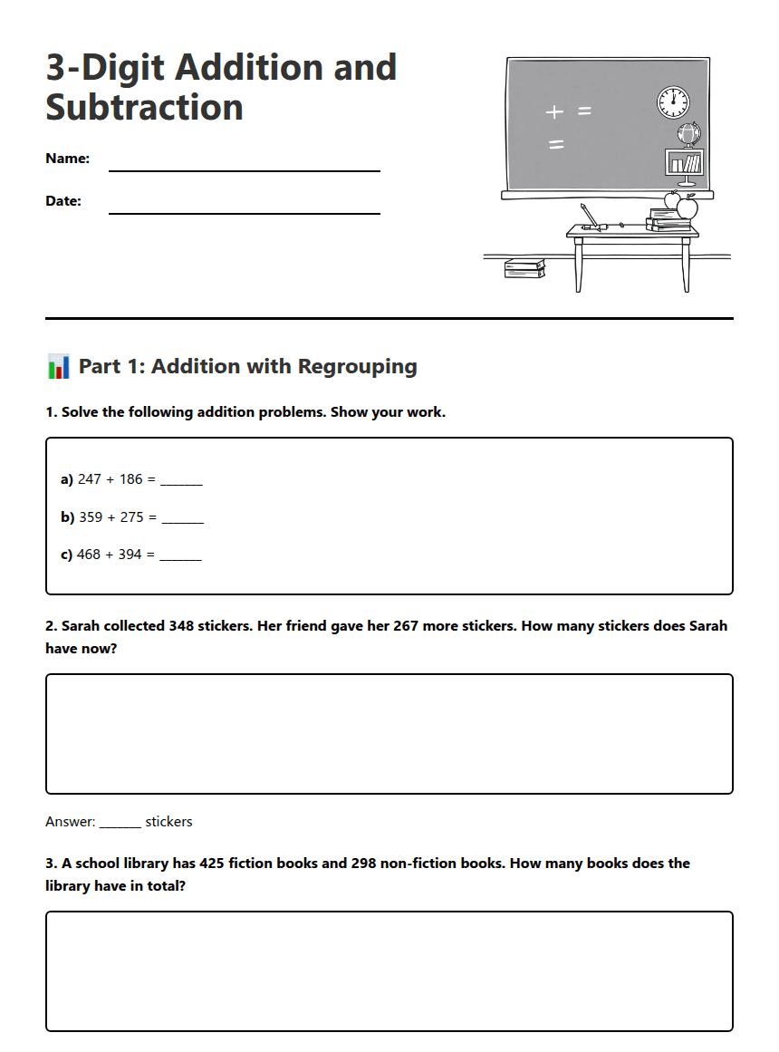 3-Digit Addition and Subtraction worksheet preview