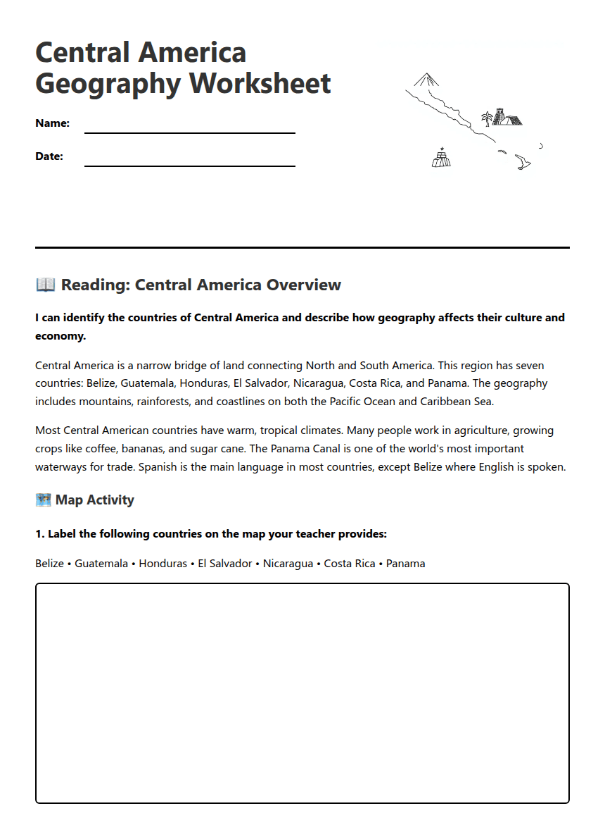 Central America Geography Worksheet worksheet preview