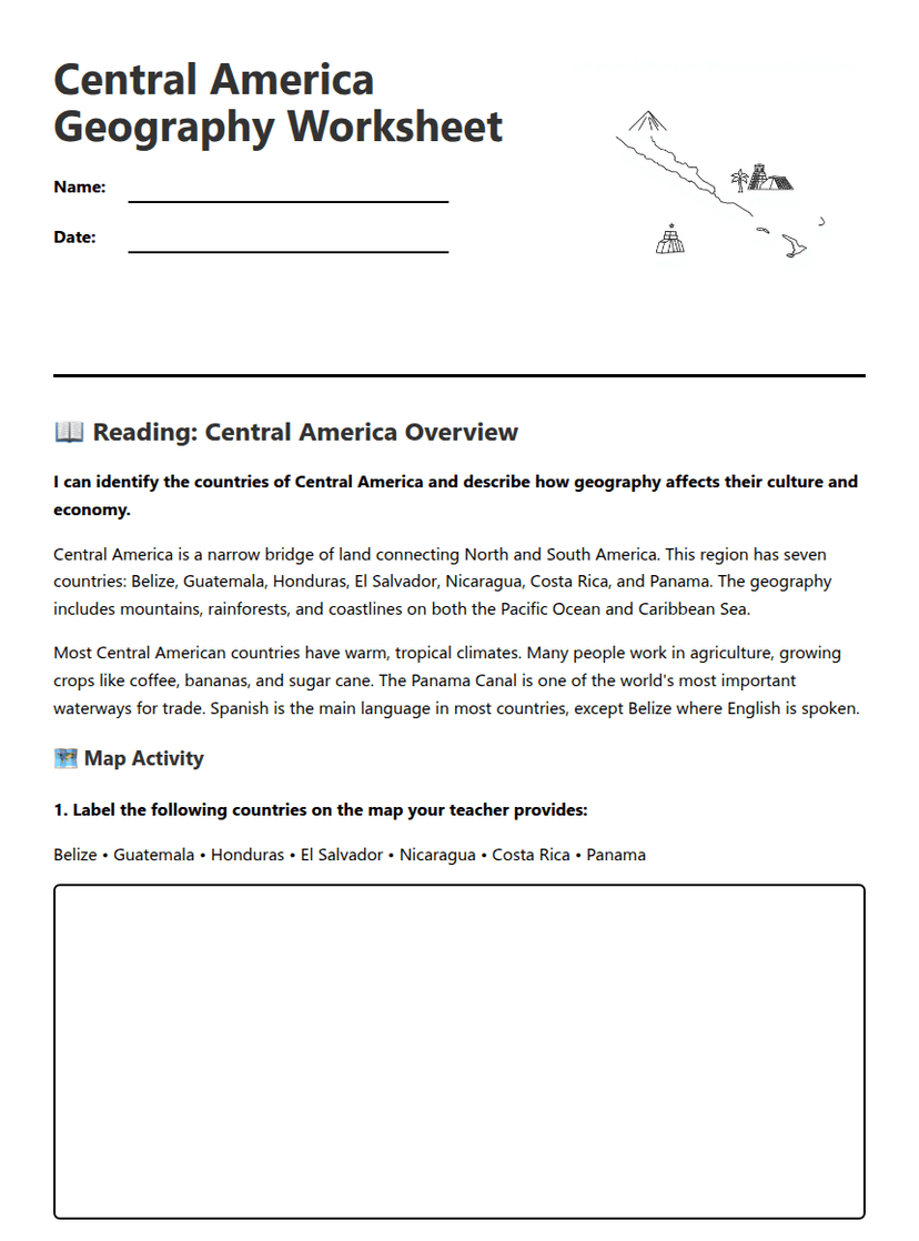 Central America Geography Worksheet