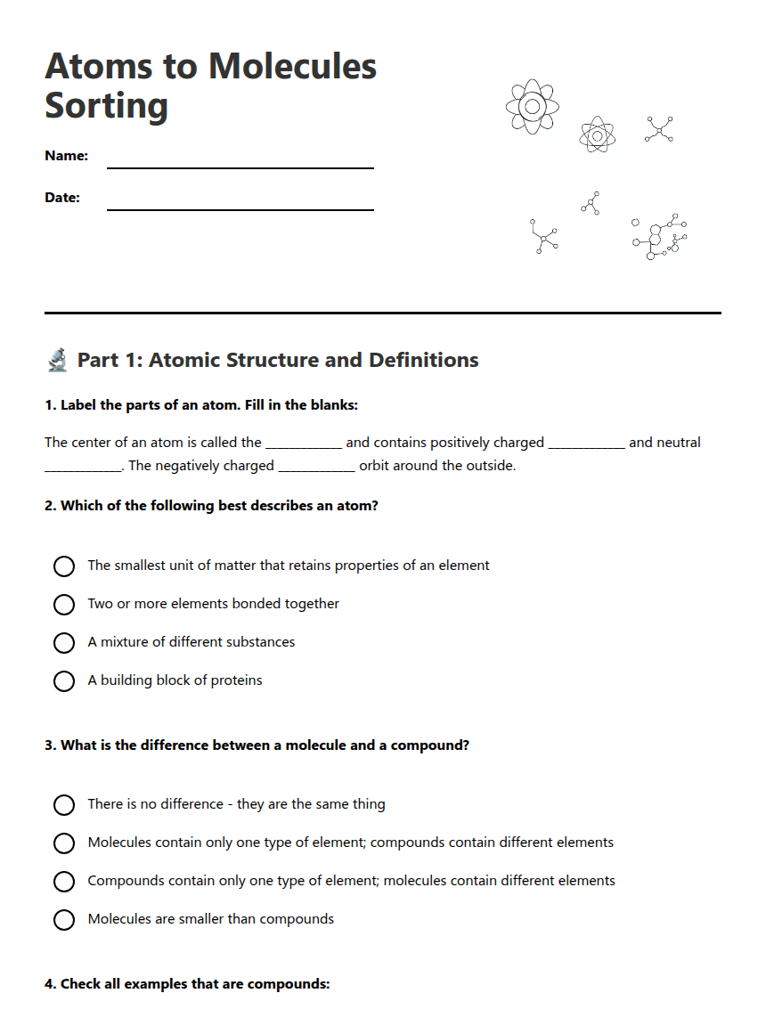 Atoms to Molecules Sorting worksheet preview