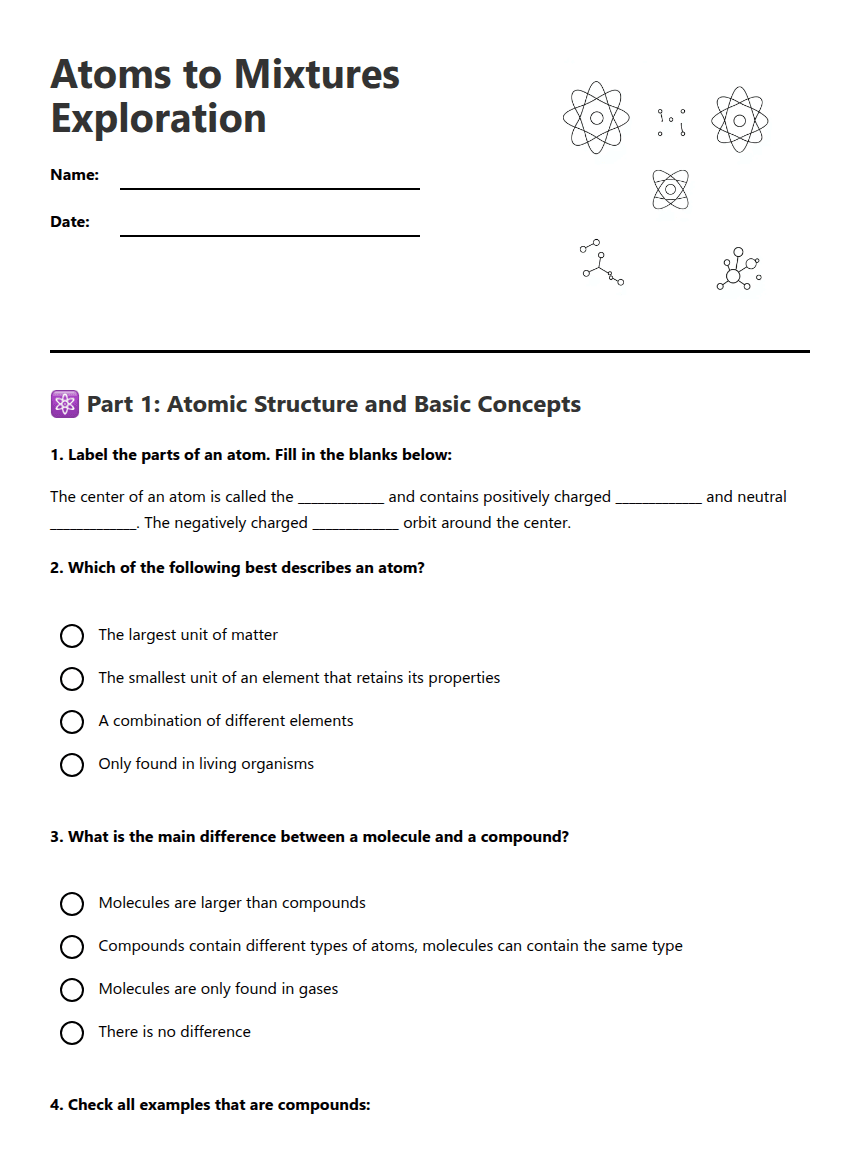 Atoms to Mixtures Exploration worksheet preview