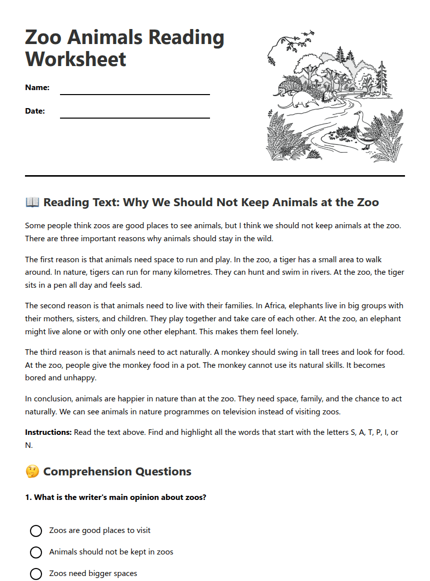 Zoo Animals Reading Worksheet worksheet preview