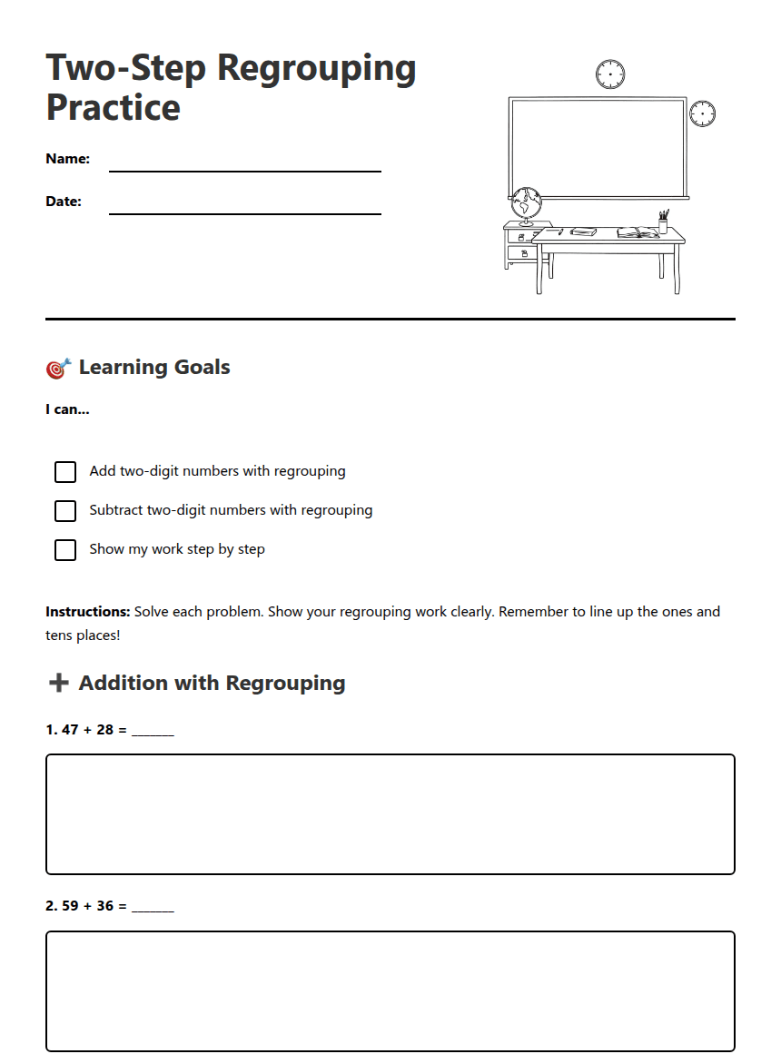 Two-Step Regrouping Practice worksheet preview