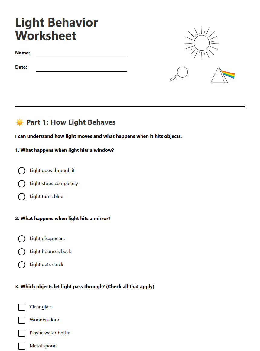 Light Behavior Worksheet worksheet preview