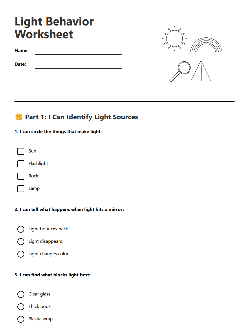 Light Behavior Worksheet worksheet preview