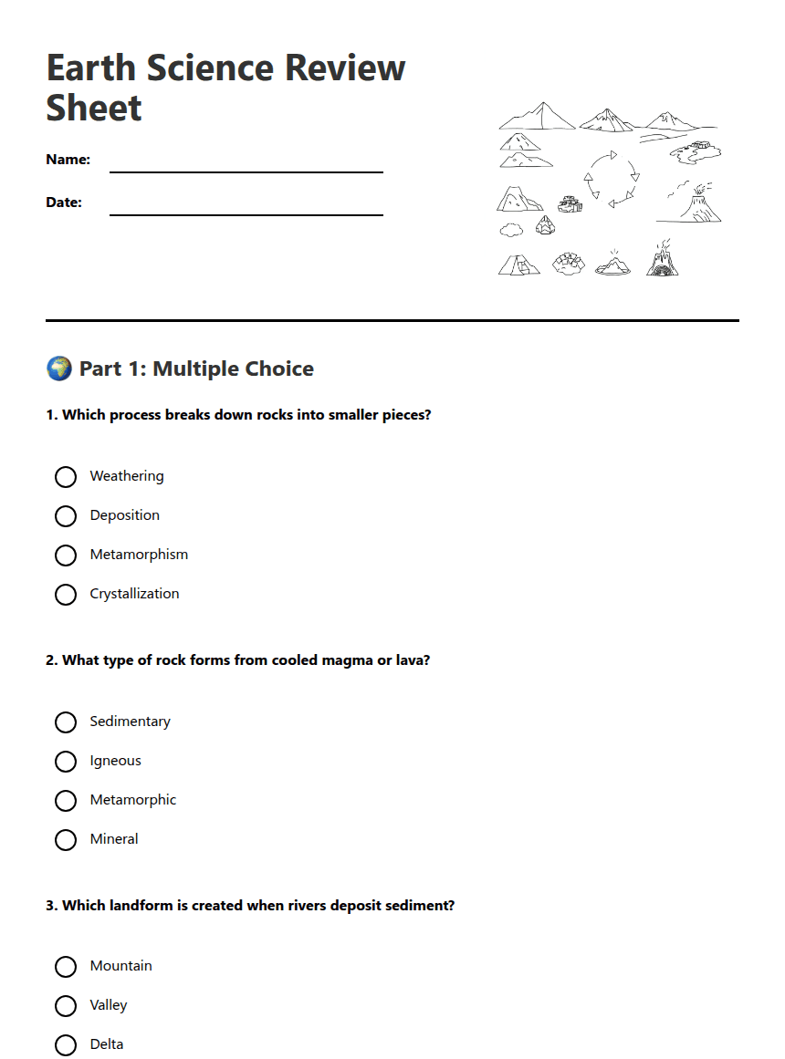 Earth Science Review Sheet worksheet preview