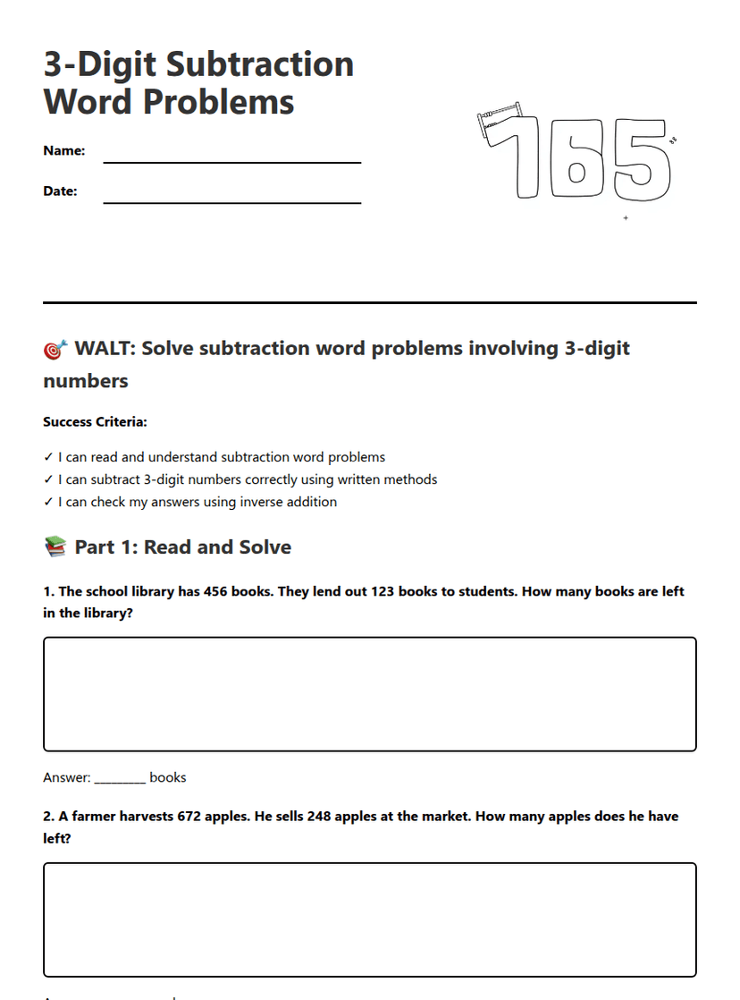 3-Digit Subtraction Word Problems