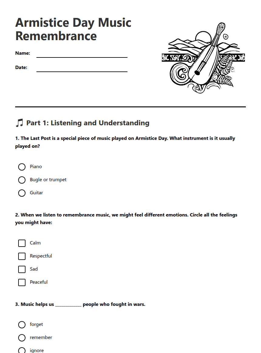 Armistice Day Music Remembrance worksheet preview