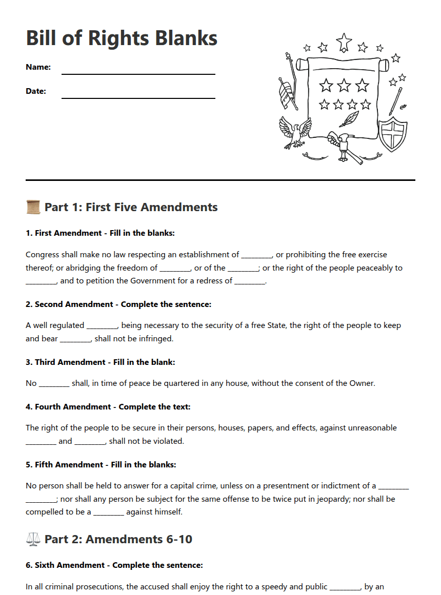 Bill of Rights Blanks worksheet preview