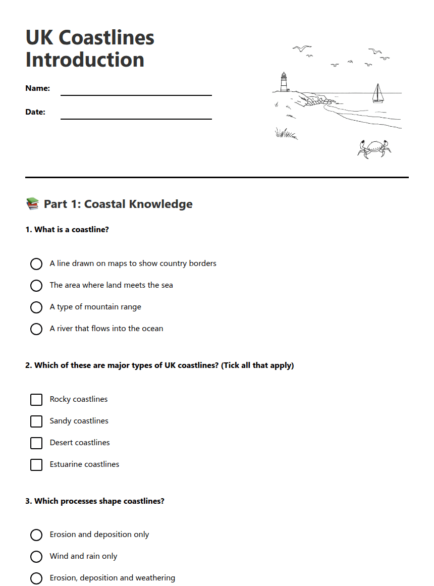 UK Coastlines Introduction worksheet preview