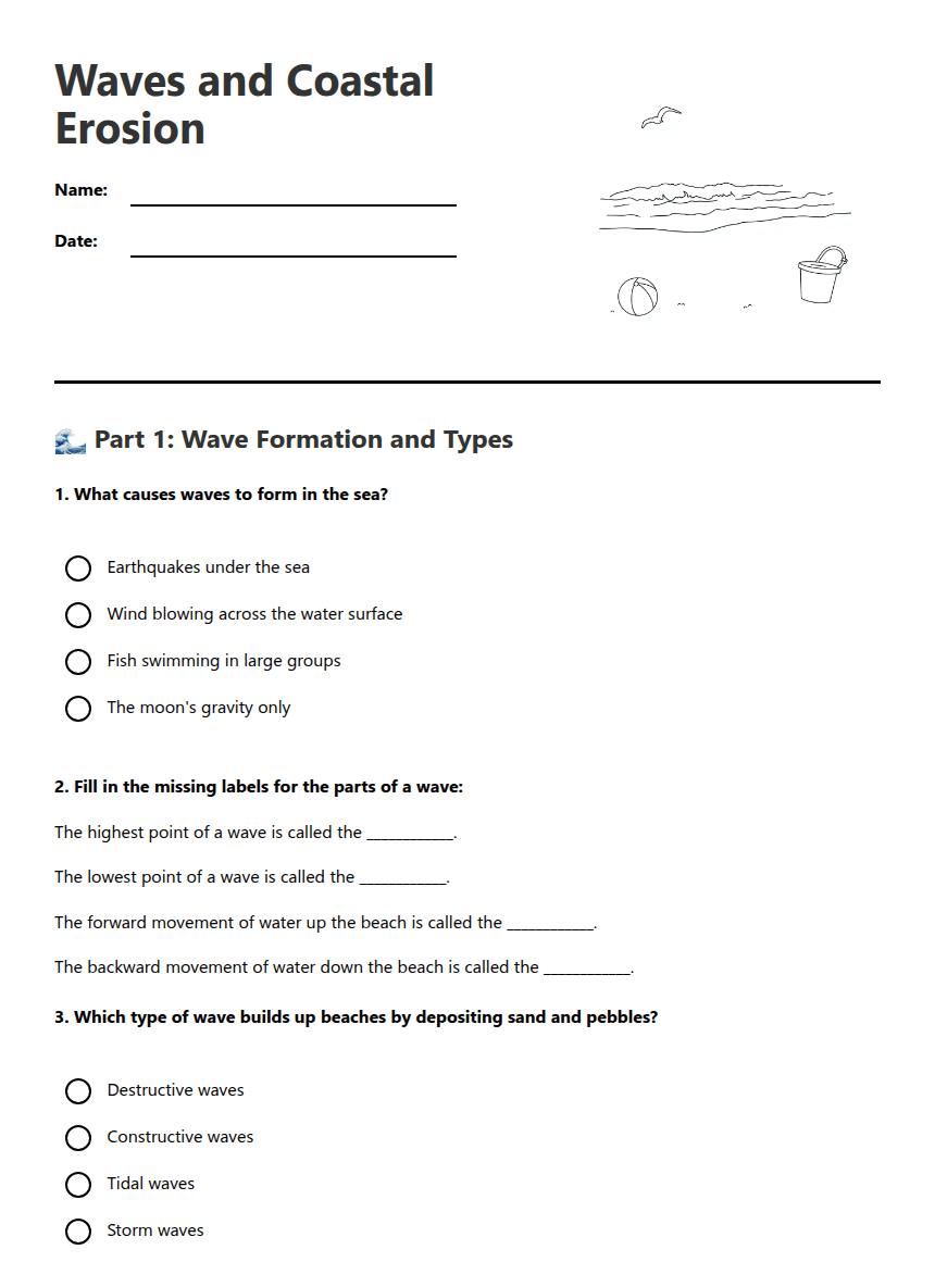 Waves and Coastal Erosion worksheet preview