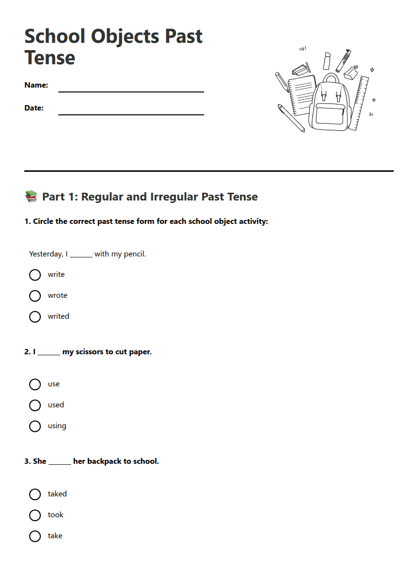 School Objects Past Tense worksheet preview