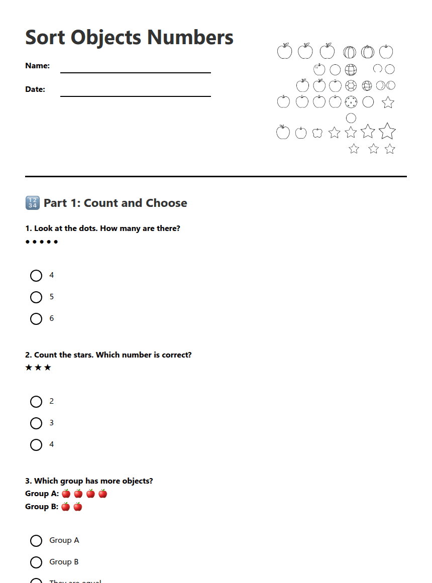 Sort Objects Numbers worksheet preview