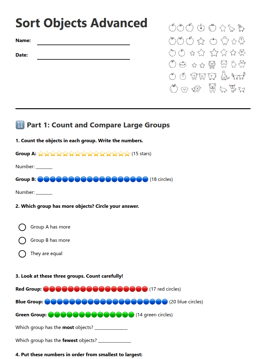 Sort Objects Advanced worksheet preview