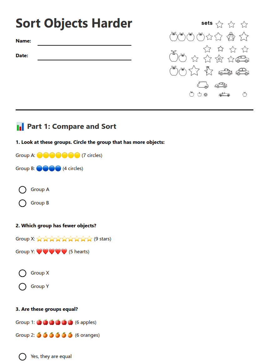 Sort Objects Harder worksheet preview