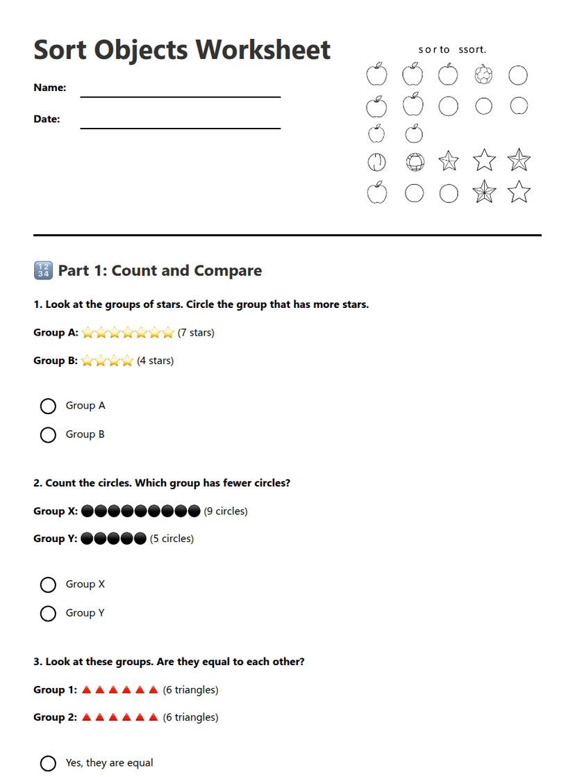 Sort Objects Worksheet
