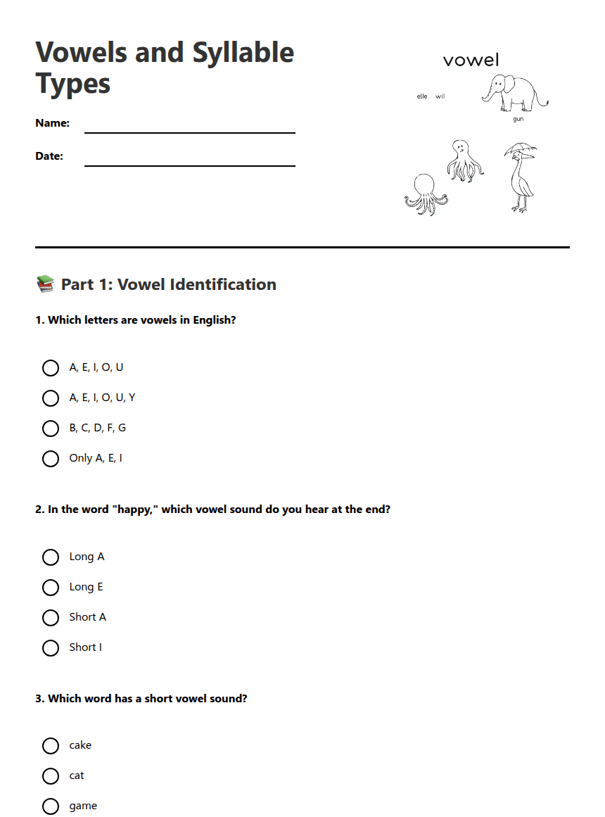 Vowels and Syllable Types worksheet preview