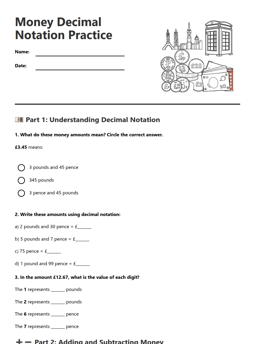 Money Decimal Notation Practice worksheet preview