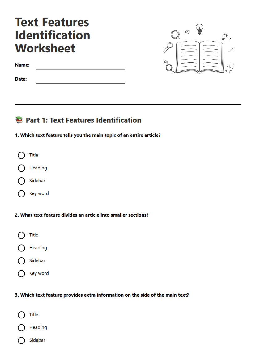 Text Features Identification Worksheet