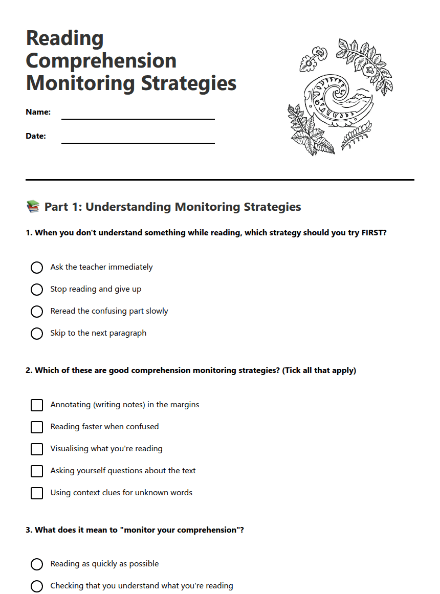 Reading Comprehension Monitoring Strategies worksheet preview