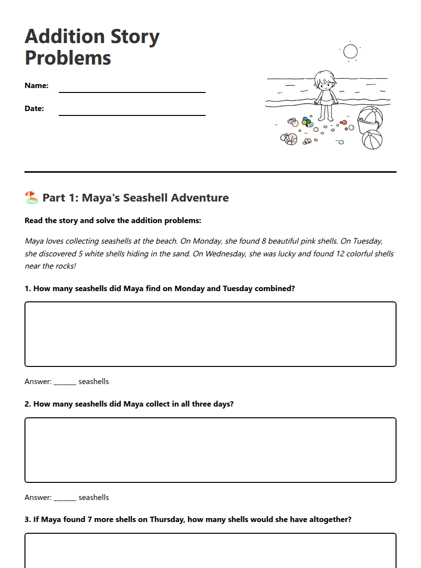 Addition Story Problems worksheet preview