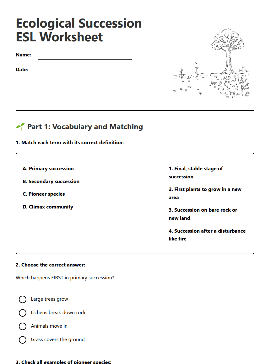 Ecological Succession ESL Worksheet worksheet preview