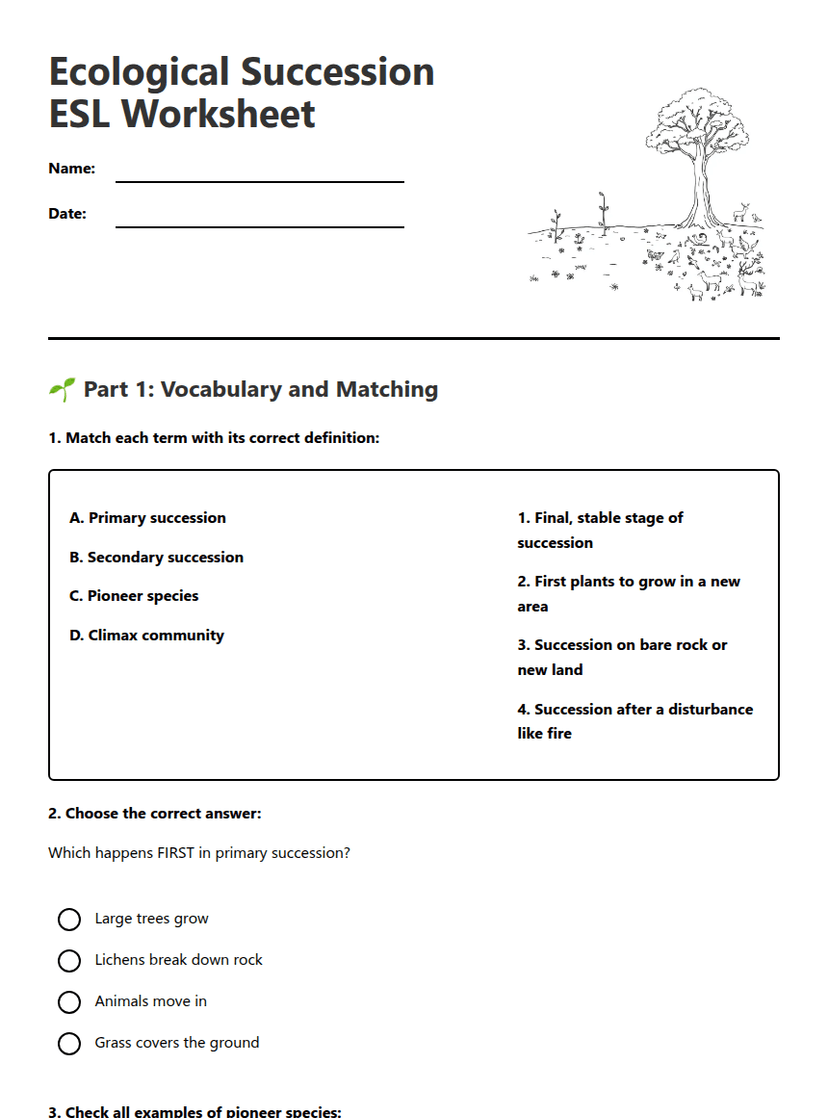 Ecological Succession ESL Worksheet