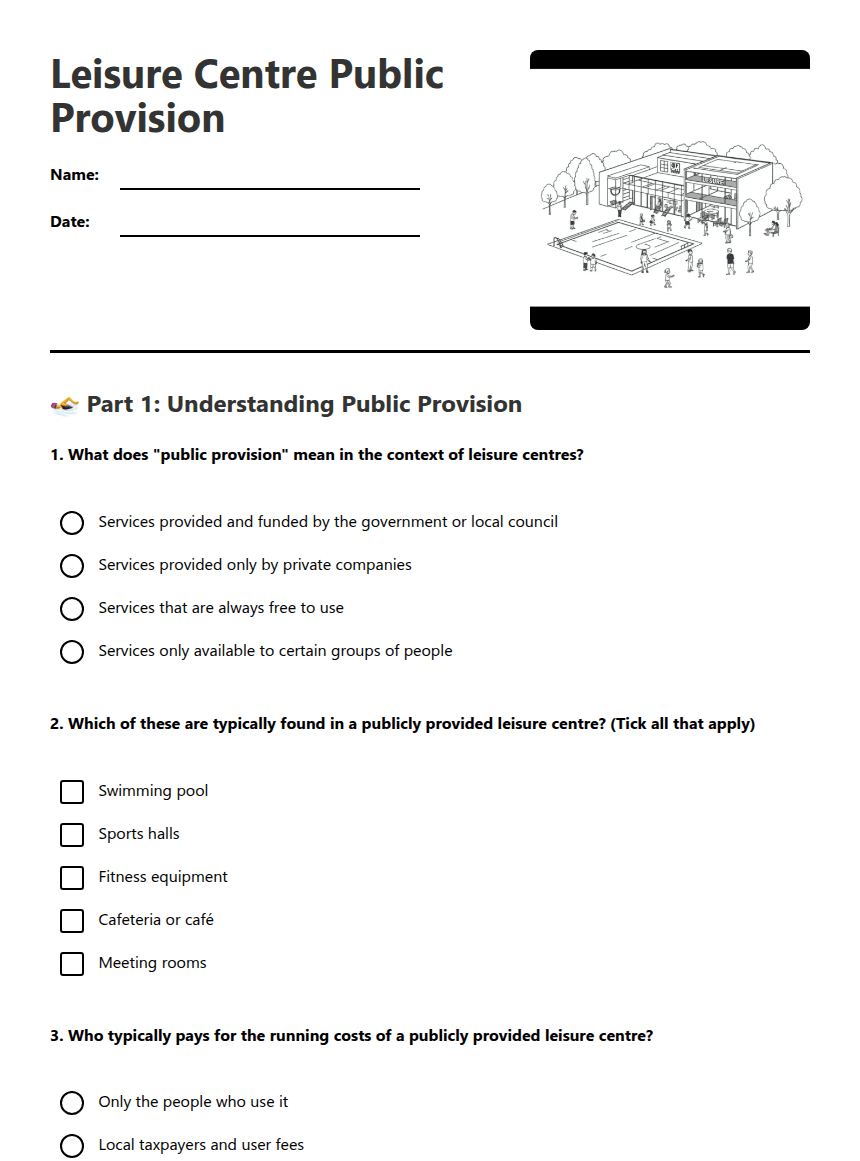 Leisure Centre Public Provision worksheet preview