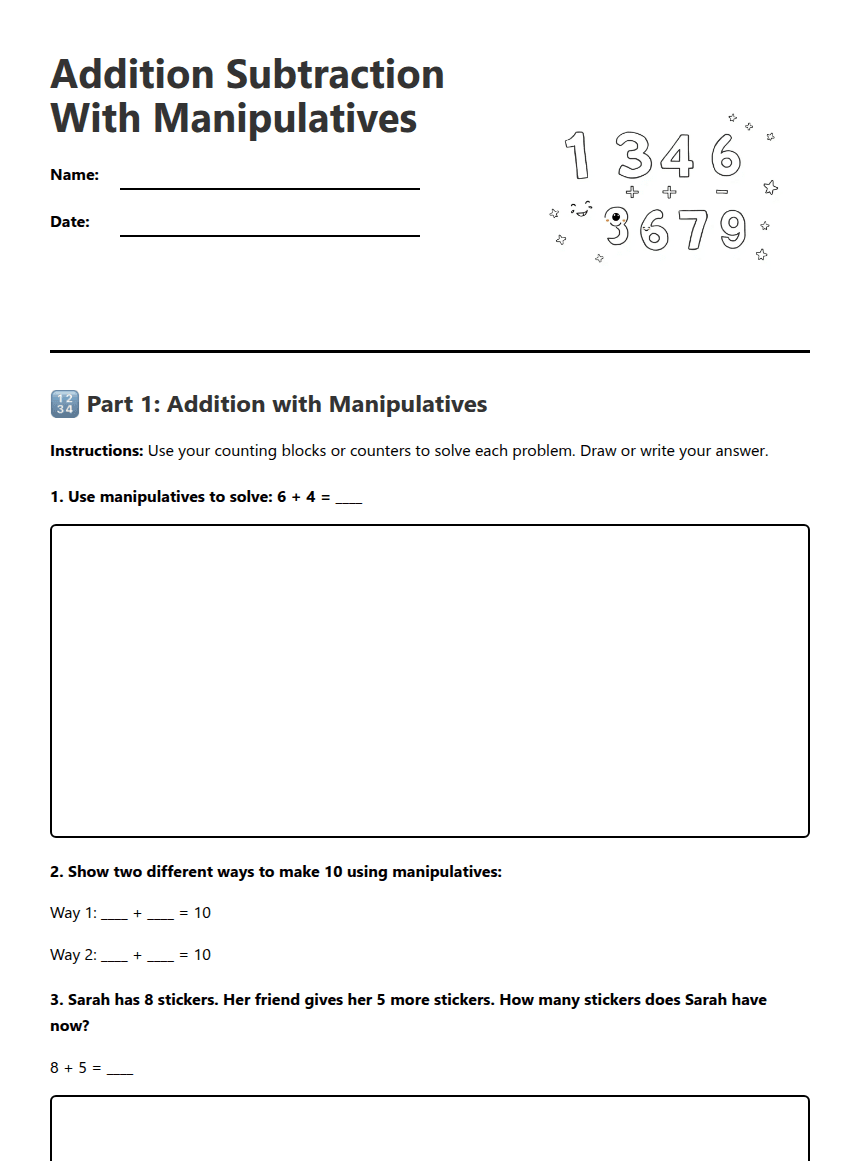 Addition Subtraction With Manipulatives worksheet preview