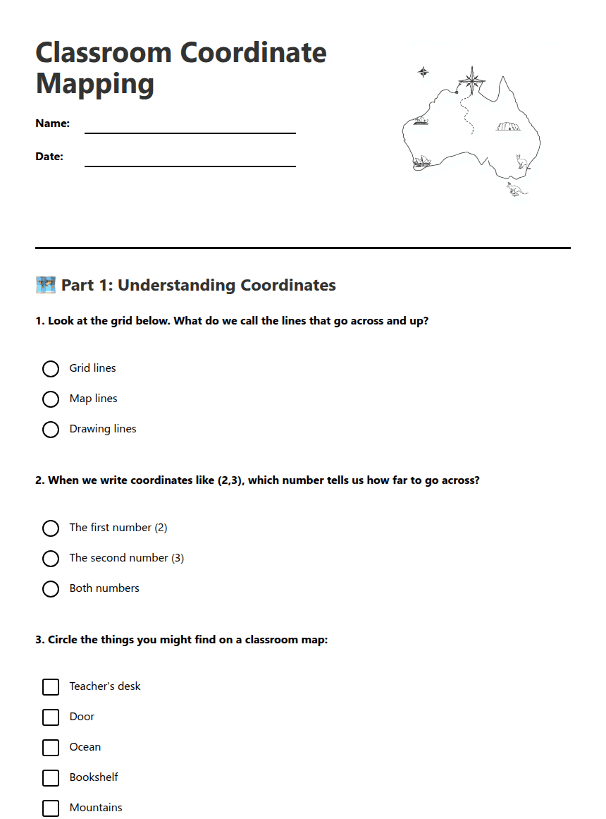 Classroom Coordinate Mapping worksheet preview