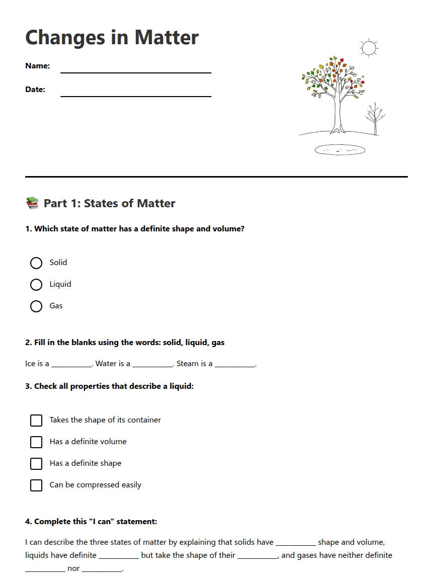 Changes in Matter worksheet preview