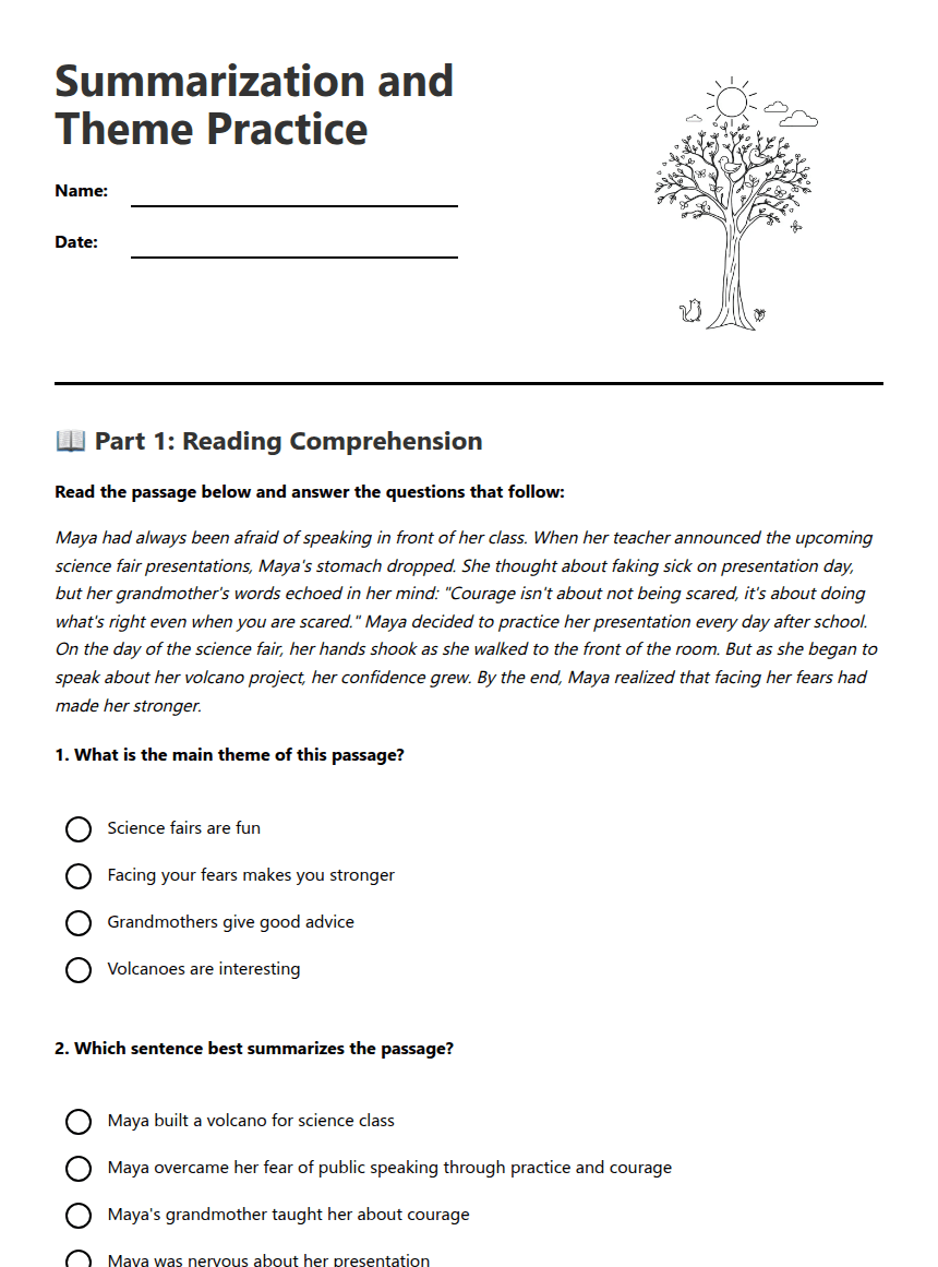 Summarization and Theme Practice worksheet preview