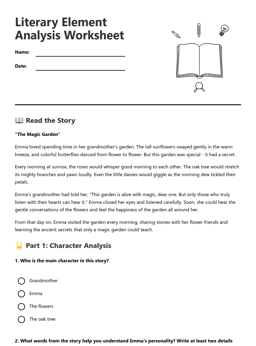 Literary Element Analysis Worksheet worksheet preview