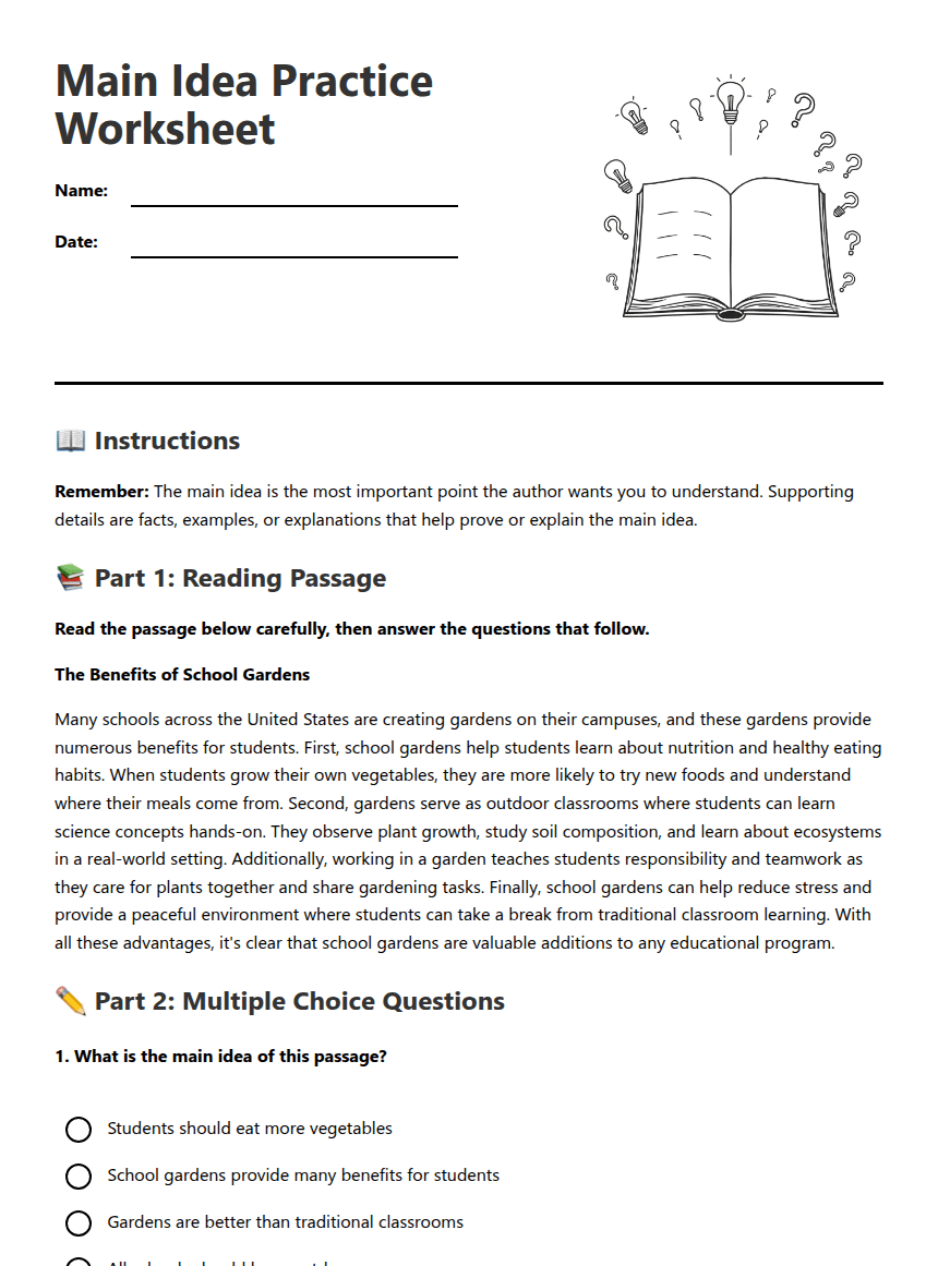 Main Idea Practice Worksheet worksheet preview