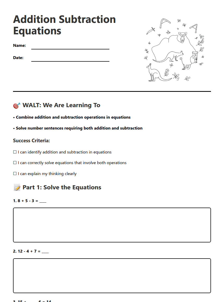 Addition Subtraction Equations worksheet preview