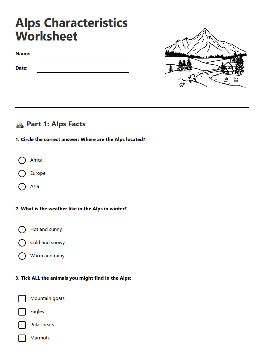 Alps Characteristics Worksheet worksheet preview