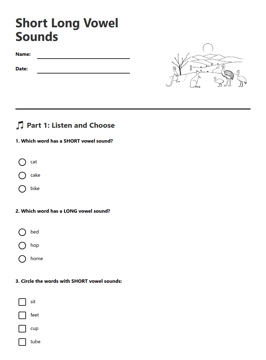 Short Long Vowel Sounds worksheet preview