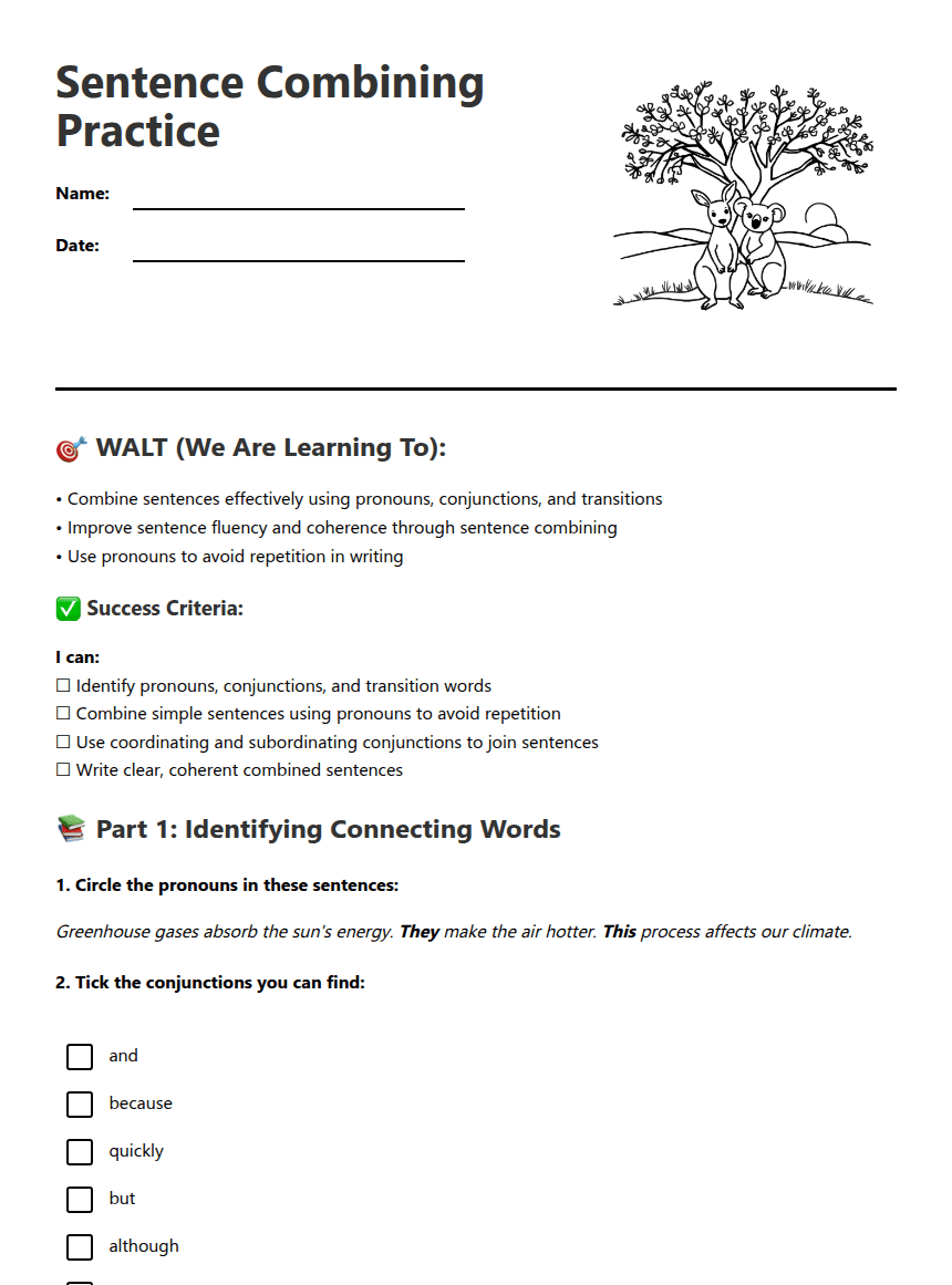 Sentence Combining Practice worksheet preview