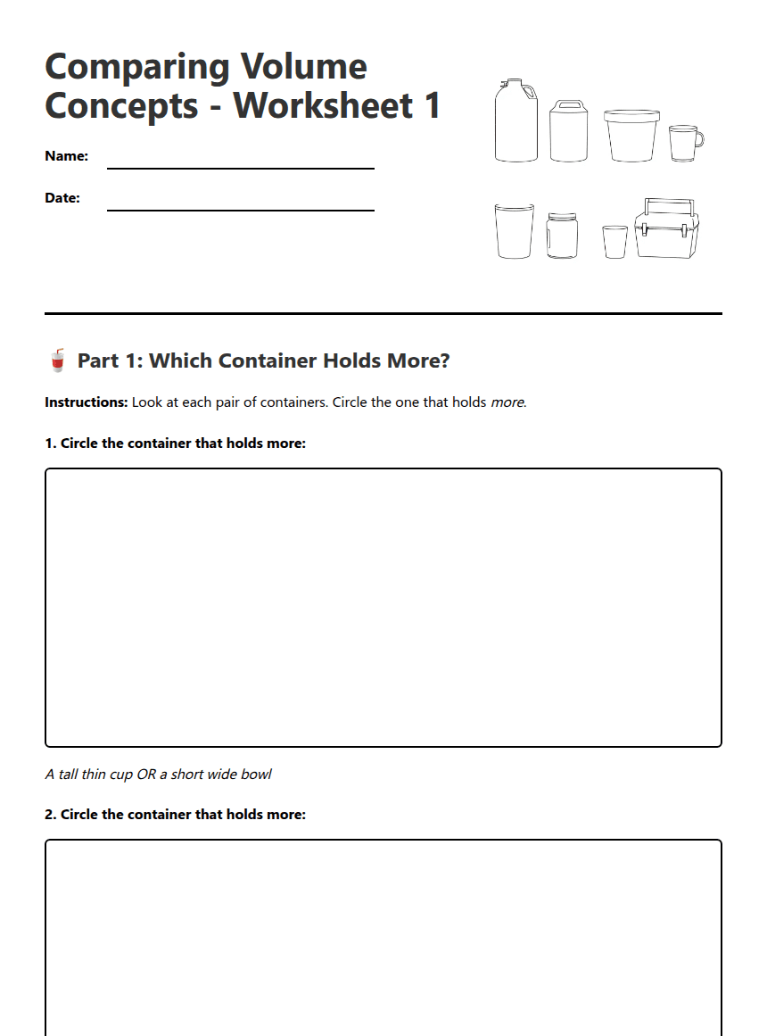 Comparing Volume Concepts worksheet preview