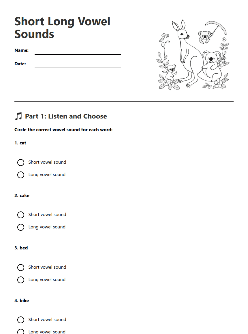 Short Long Vowel Sounds worksheet preview
