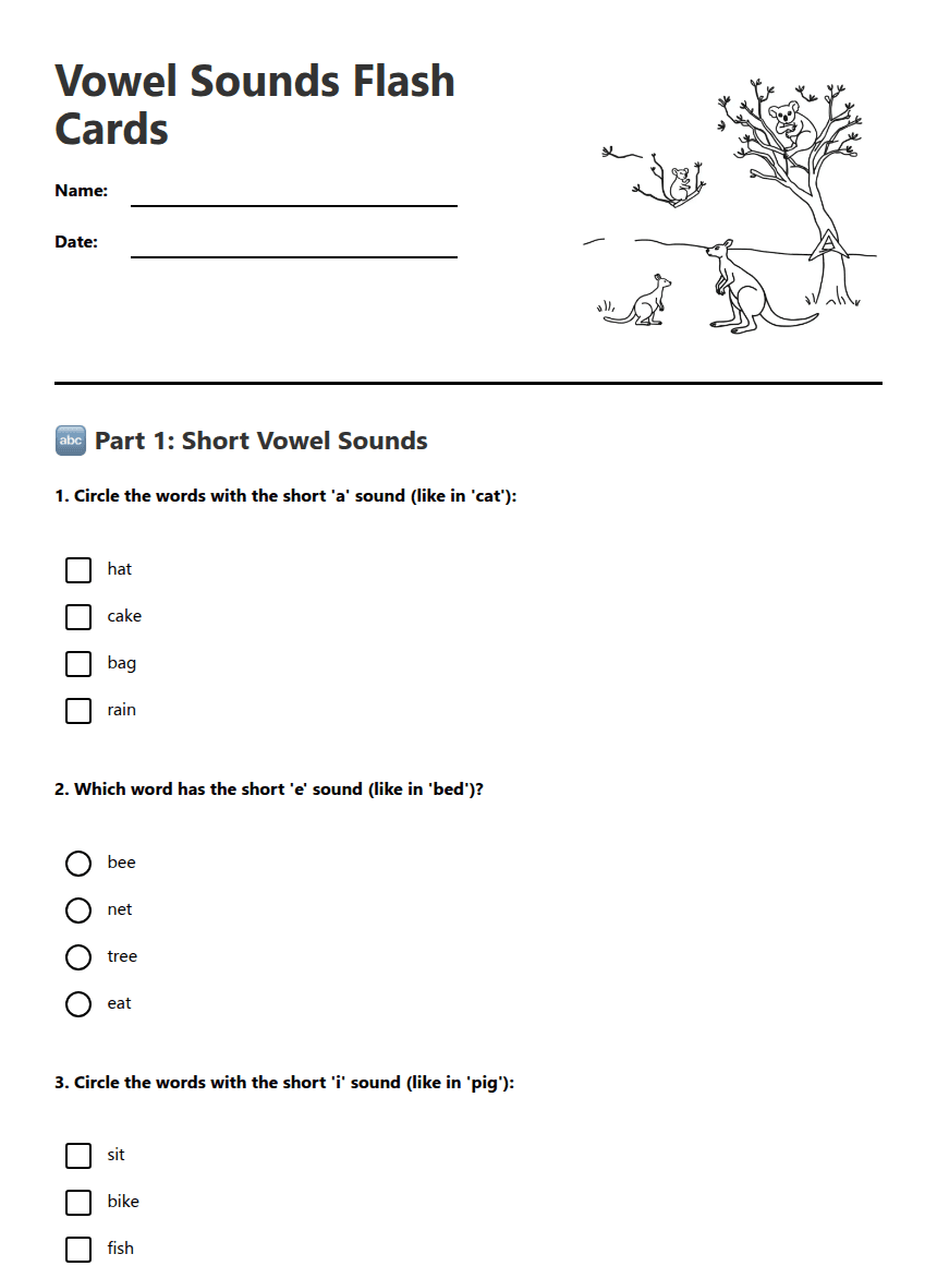 Vowel Sounds Flash Cards worksheet preview