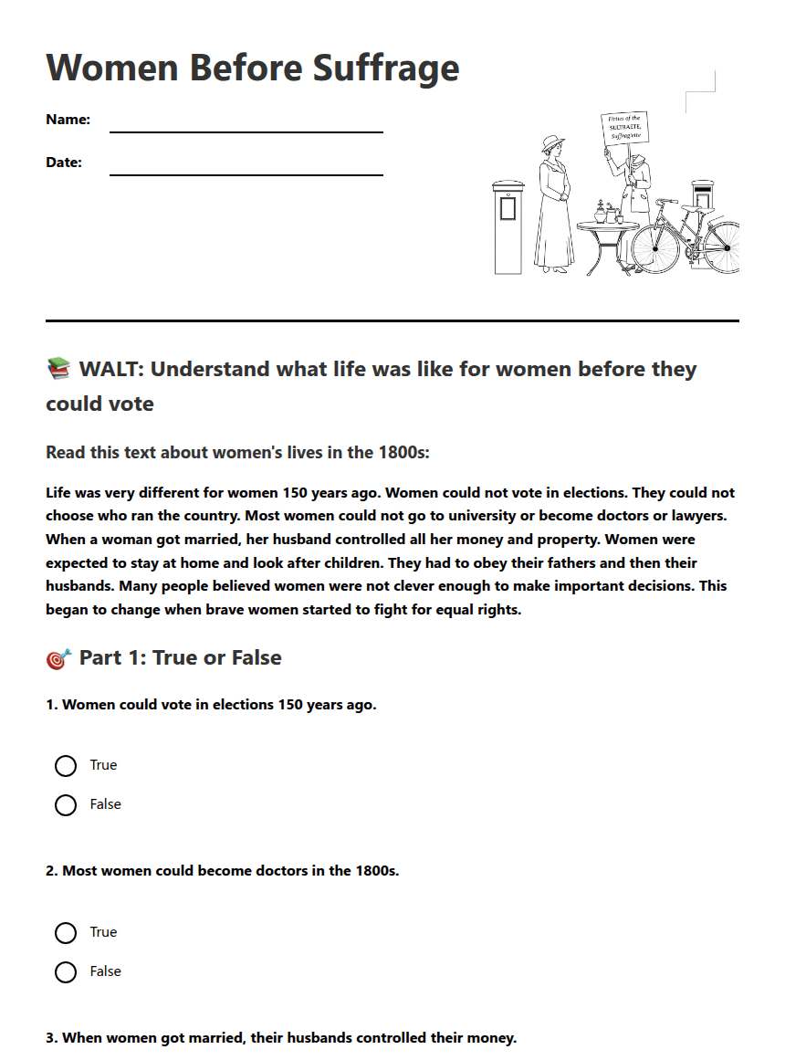 Women Before Suffrage worksheet preview