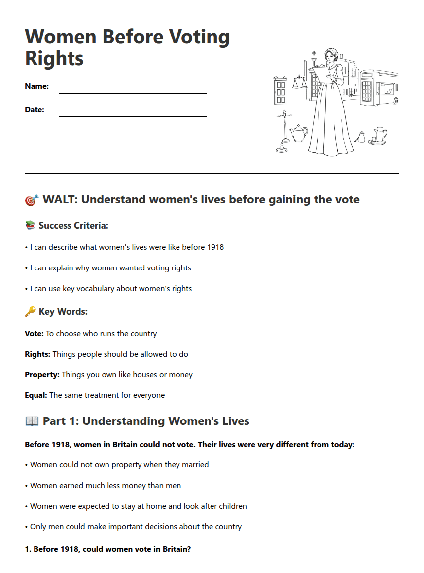 Women Before Voting Rights worksheet preview