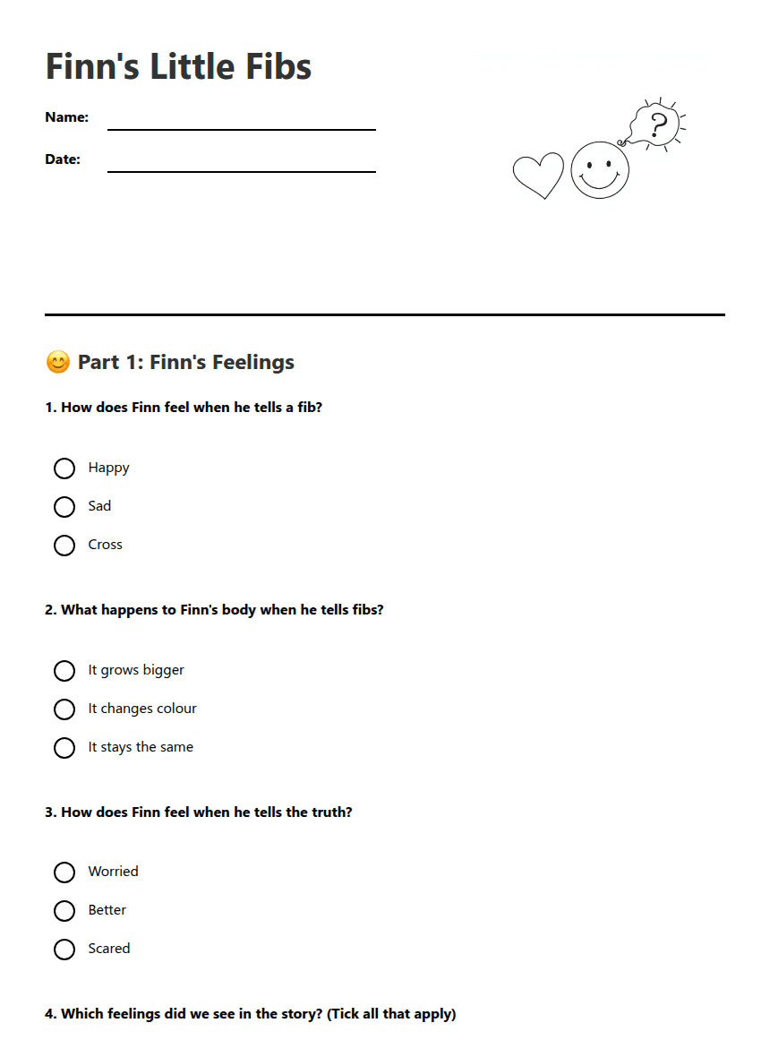 Finn's Little Fibs worksheet preview